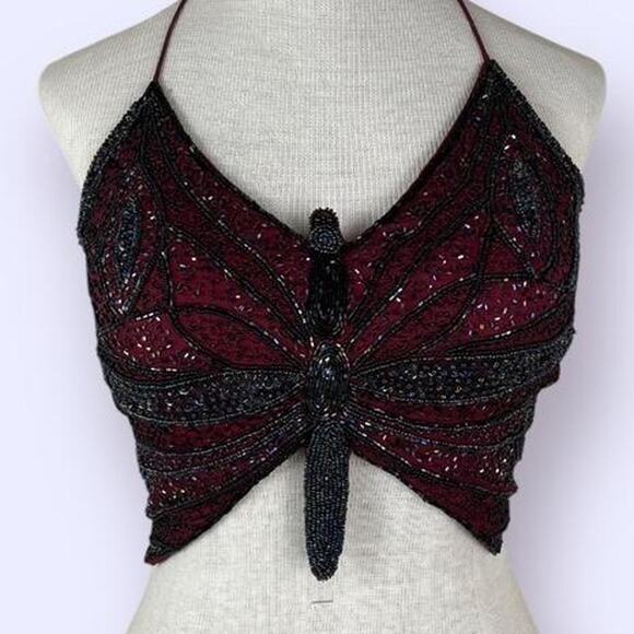 Misdemeanor Y2K Beaded Butterfly Top Size Medium Burgundy - Picture 1 of 8